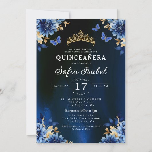 Floral Royal Blue Butterfly Princess Quinceanera Einladung (Vorderseite)
