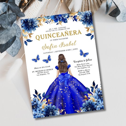 Floral Royal Blue Butterfly Princess Quinceanera Einladung