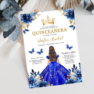 Floral Royal Blue Butterfly Princess Quinceanera Einladung