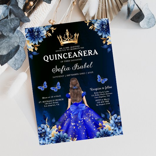 Floral Royal Blue Butterfly Princess Quinceanera Einladung
