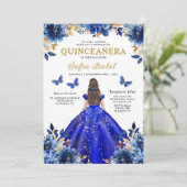 Floral Royal Blue Butterfly Princess Quinceanera Einladung (Stehend Vorderseite)