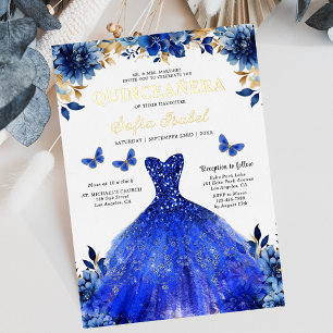 Floral Royal Blue Butterfly Princess Quinceanera Folieneinladung