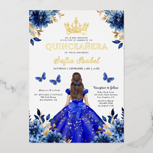 Floral Royal Blue Butterfly Princess Quinceanera Folieneinladung (Vorderseite)