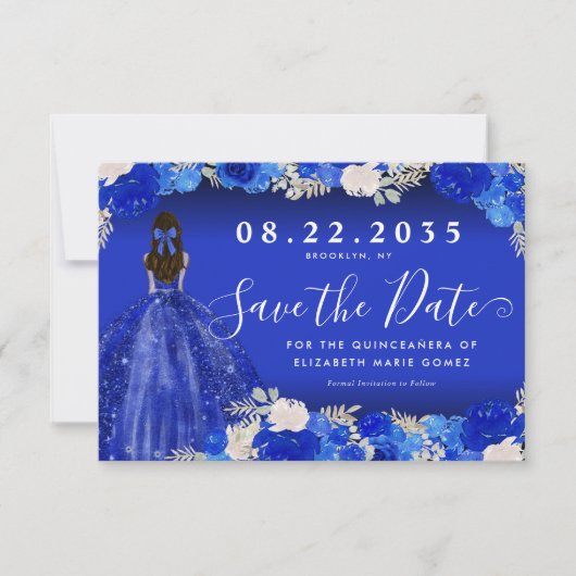 Floral Royal Blue Dress Birthday Quinceanera Save The Date (Vorderseite)