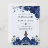 Floral Royal Blue Dress Budget Quinceanera Einladung (Vorderseite)