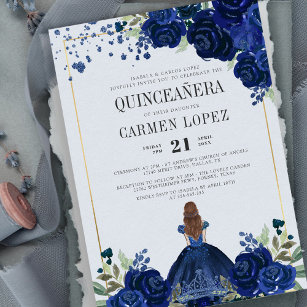 Floral Royal Blue Dress Budget Quinceanera Einladung