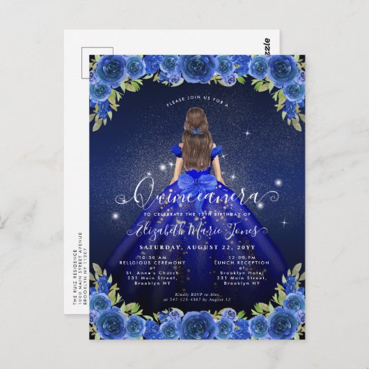 Floral Royal Blue Glam Princess Quinceanera Postkarte (Vorne/Hinten)