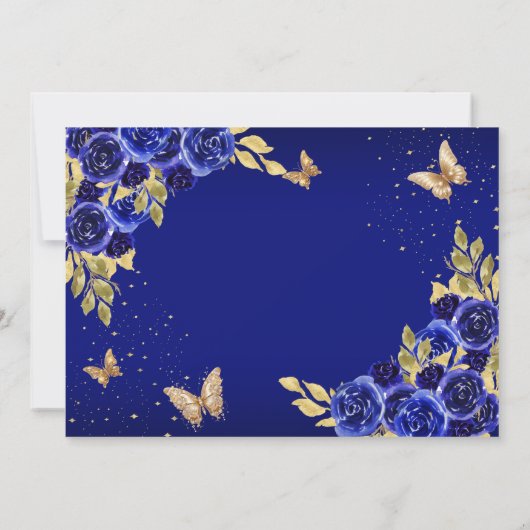 Floral Royal Blue Gold Butterfly Quinceanera Ankündigung (Rückseite)