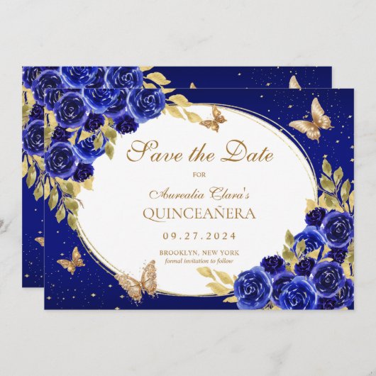 Floral Royal Blue Gold Butterfly Quinceanera Ankündigung (Vorne/Hinten)