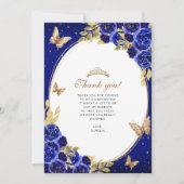 Floral Royal Blue Gold Butterfly Quinceañera Photo Dankeskarte (Vorderseite)