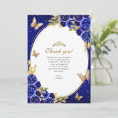 Floral Royal Blue Gold Butterfly Quinceañera Photo Dankeskarte (Stehend Vorderseite)
