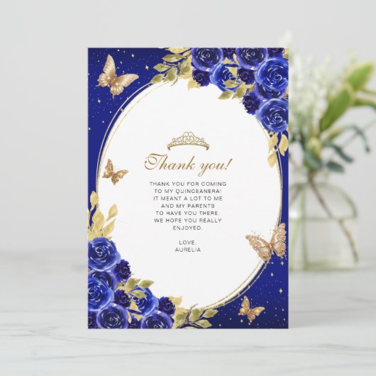 Floral Royal Blue Gold Butterfly Quinceañera Photo Dankeskarte (Stehend Vorderseite)