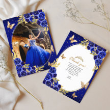 Floral Royal Blue Gold Butterfly Quinceañera Photo