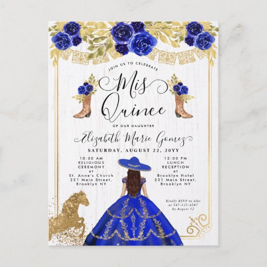 Floral Royal Blue Gold Charcess Princess Quinceane Einladungspostkarte (Vorderseite)