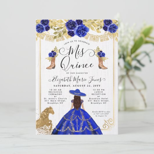 Floral Royal Blue Gold Horse Charra Quinceanera Einladung (Stehend Vorderseite)
