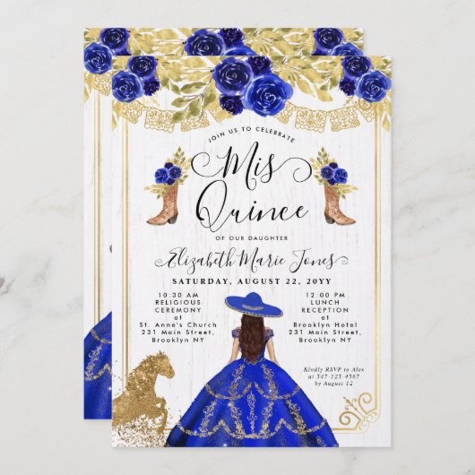 Floral Royal Blue Gold Horse Charra Quinceanera Einladung (Vorne/Hinten)
