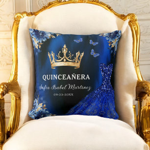 Floral Royal Blue Gold Princess Quinceanera Kissen