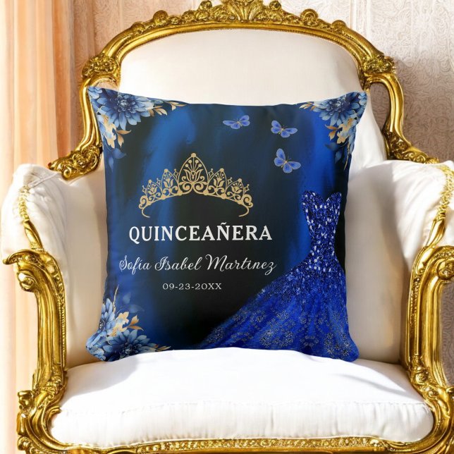 Floral Royal Blue Gold Princess Quinceanera Kissen (Von Creator hochgeladen)