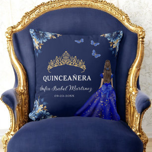 Floral Royal Blue Gold Princess Quinceanera Kissen