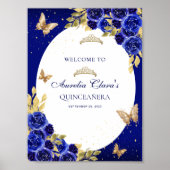 Floral Royal Blue Gold Tiara Butterfly Quinceañera Poster (Vorne)