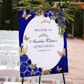 Floral Royal Blue Gold Tiara Butterfly Quinceañera Poster