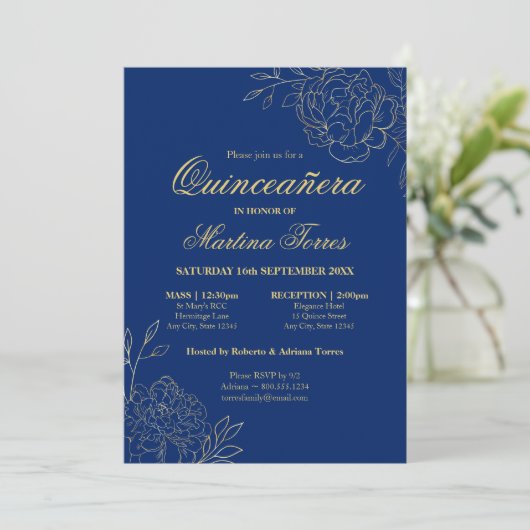 Floral Royal Blue Golden Frische Pasta machen Einladung (Stehend Vorderseite)