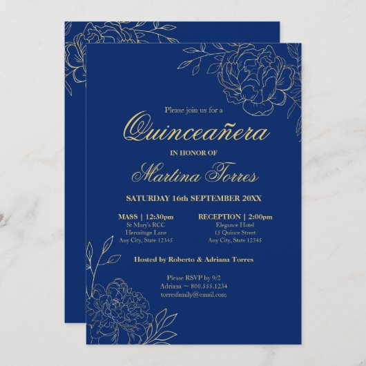 Floral Royal Blue Golden Frische Pasta machen Einladung (Vorne/Hinten)