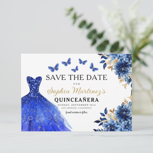 Floral Royal Blue Princess Birthday Quinceanera Save The Date (Stehend Vorderseite)
