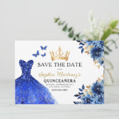 Floral Royal Blue Princess Birthday Quinceanera Save The Date (Stehend Vorderseite)