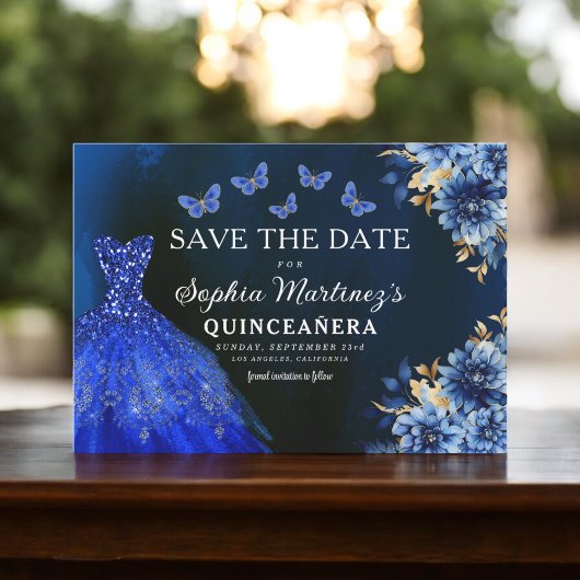 Floral Royal Blue Princess Birthday Quinceanera Save The Date