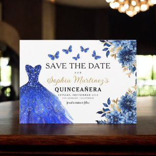Floral Royal Blue Princess Birthday Quinceanera Save The Date