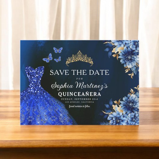 Floral Royal Blue Princess Birthday Quinceanera Save The Date