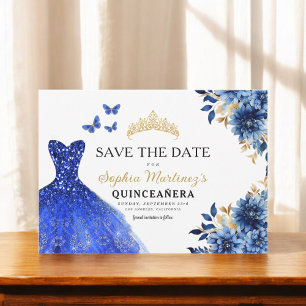 Floral Royal Blue Princess Birthday Quinceanera Save The Date