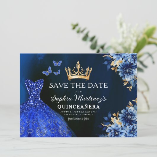 Floral Royal Blue Princess Birthday Quinceanera Save The Date (Stehend Vorderseite)