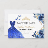 Floral Royal Blue Princess Birthday Quinceanera Save The Date (Vorderseite)