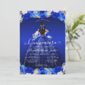 Floral Royal Blue Princess Dress Gown Quinceanera Einladung (Stehend Vorderseite)