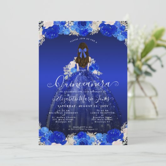 Floral Royal Blue Princess Dress Gown Quinceanera Einladung (Stehend Vorderseite)