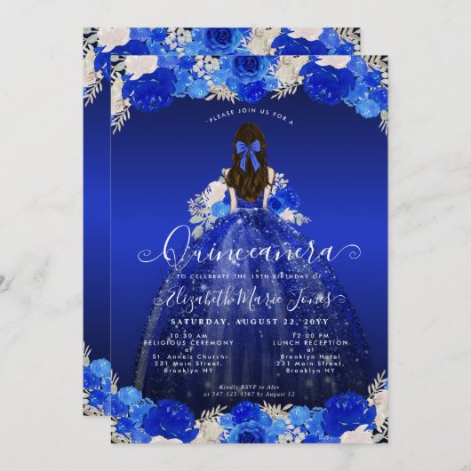 Floral Royal Blue Princess Dress Gown Quinceanera Einladung (Vorne/Hinten)