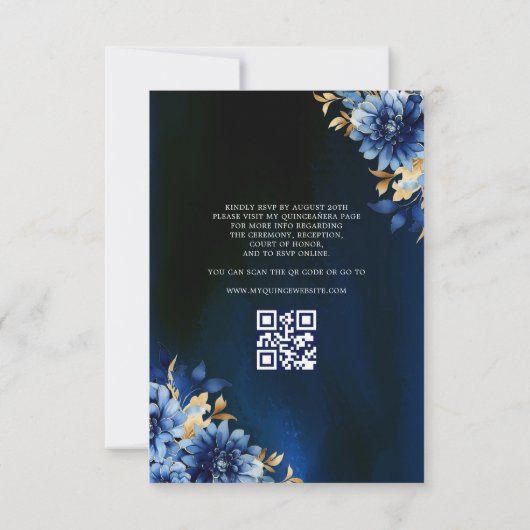 Floral Royal Blue QR Code Princess Quinceanera Einladung (Rückseite)