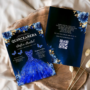 Floral Royal Blue QR Code Princess Quinceanera Einladung