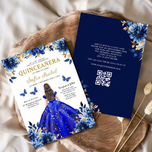Floral Royal Blue QR Code Princess Quinceanera Einladung