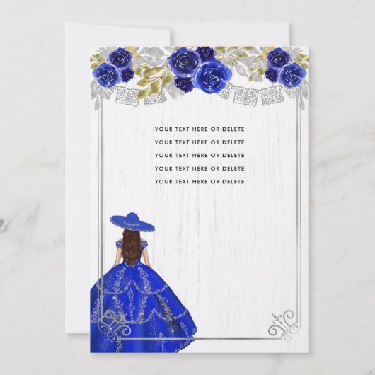 Floral Royal Blue Silver Horse Charra Quinceanera Einladung (Rückseite)