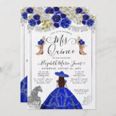 Floral Royal Blue Silver Horse Charra Quinceanera Einladung (Vorne/Hinten)