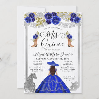 Floral Royal Blue Silver Horse Charra Quinceanera Einladung