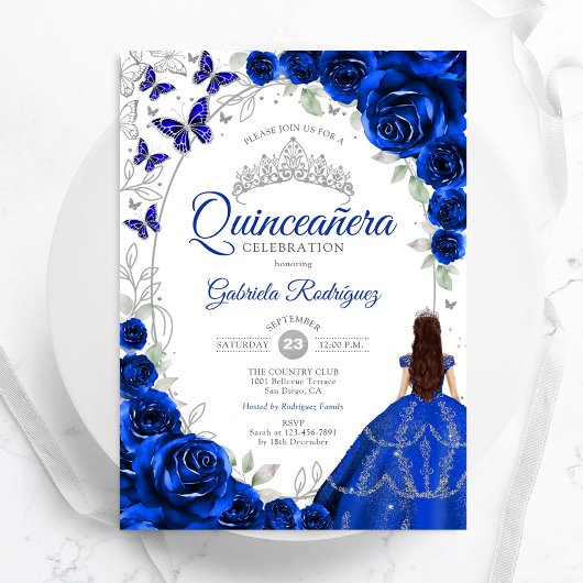 Floral Royal Blue Silver Quinceanera Einladung