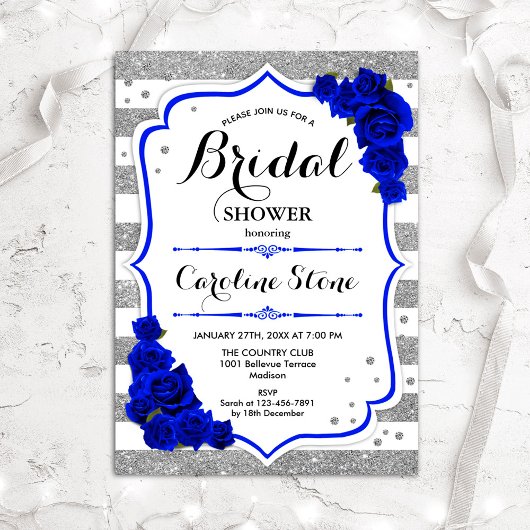 Floral Royal Blue Silver Streifen Brautparty Einladung