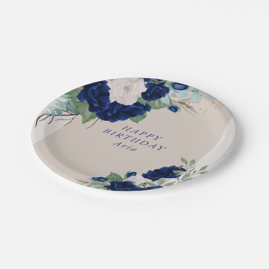 Floral Royal Blue und Ivory Rose Personalisiert Pappteller (Schrägansicht)
