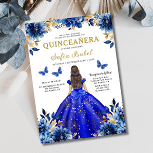 Floral Royal Blue Zweisprachige Spanische Quincean Einladung