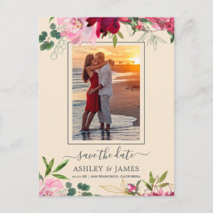 Floral Ruby Pink Peony Bouquet Foto Save the Date Ankündigungspostkarte