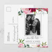 Floral Ruby Pink Peony Bouquet Foto Save the Date Ankündigungspostkarte (Vorne/Hinten)
